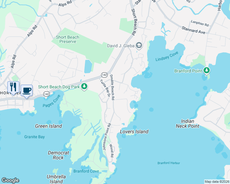 map of restaurants, bars, coffee shops, grocery stores, and more near 30 Double Beach Road in Branford
