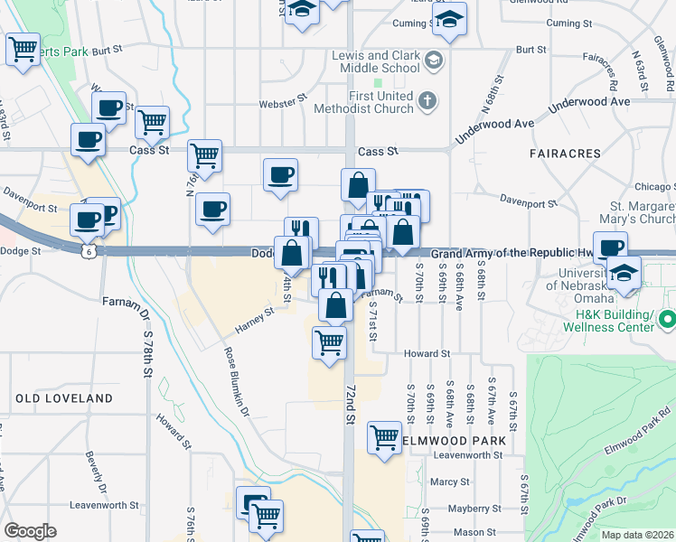 map of restaurants, bars, coffee shops, grocery stores, and more near 7205 Dodge Street in Omaha