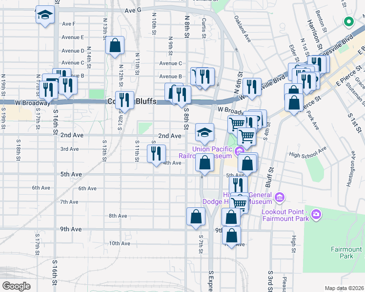 map of restaurants, bars, coffee shops, grocery stores, and more near in Council Bluffs