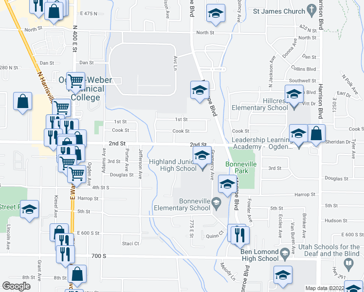map of restaurants, bars, coffee shops, grocery stores, and more near 739 Utah 203 in Ogden