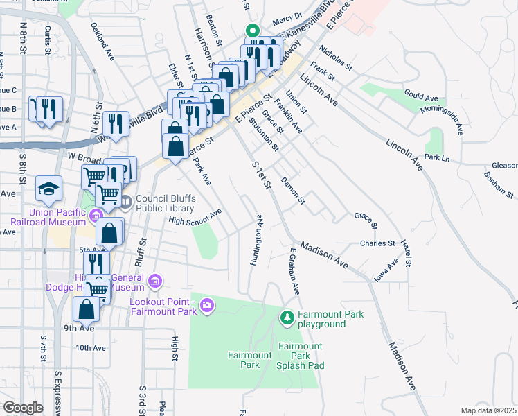 map of restaurants, bars, coffee shops, grocery stores, and more near 331 Huntington Avenue in Council Bluffs