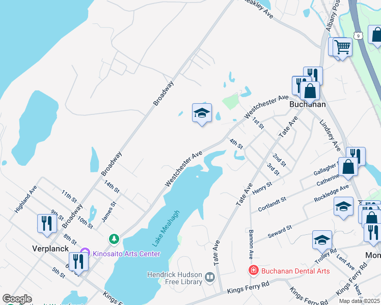 map of restaurants, bars, coffee shops, grocery stores, and more near 154 Westchester Avenue in Buchanan