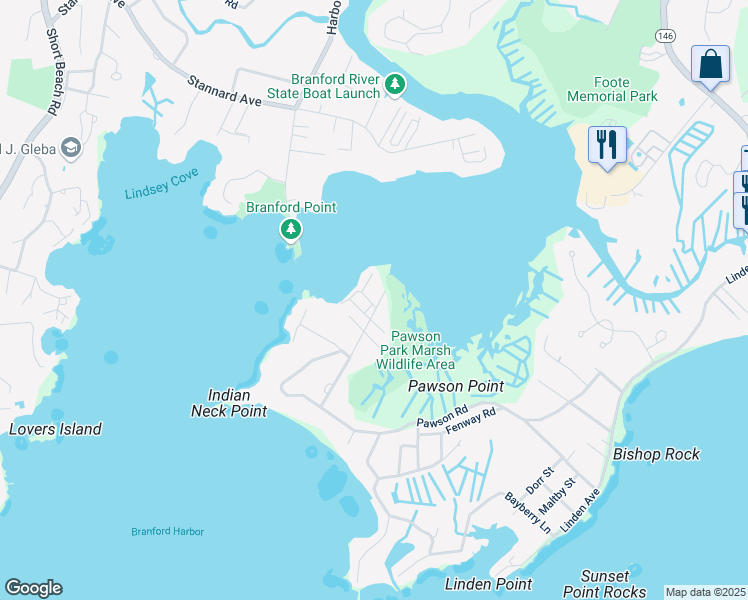 map of restaurants, bars, coffee shops, grocery stores, and more near 3 River Road in Branford