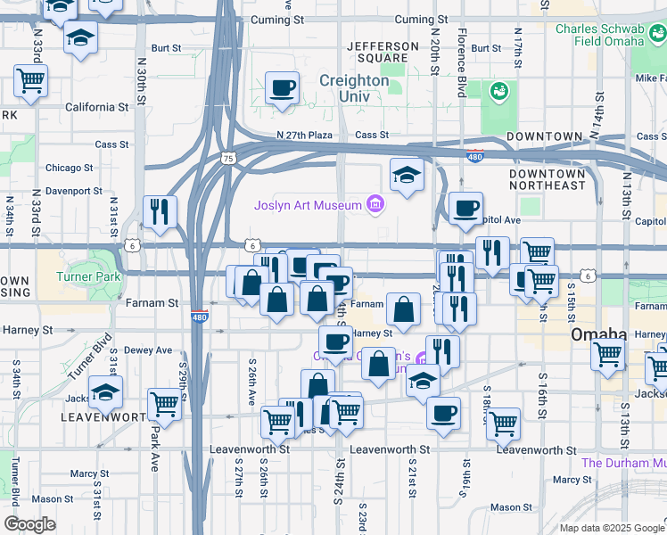 map of restaurants, bars, coffee shops, grocery stores, and more near 124 South 24th Street in Omaha