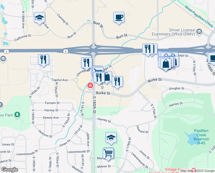 map of restaurants, bars, coffee shops, grocery stores, and more near 203 North 180th Street in Douglas County