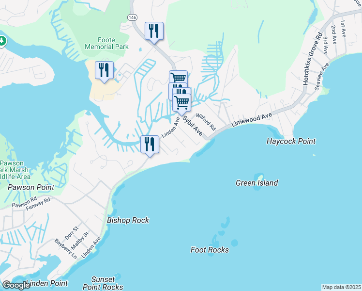 map of restaurants, bars, coffee shops, grocery stores, and more near 33 Sound View Heights in Branford