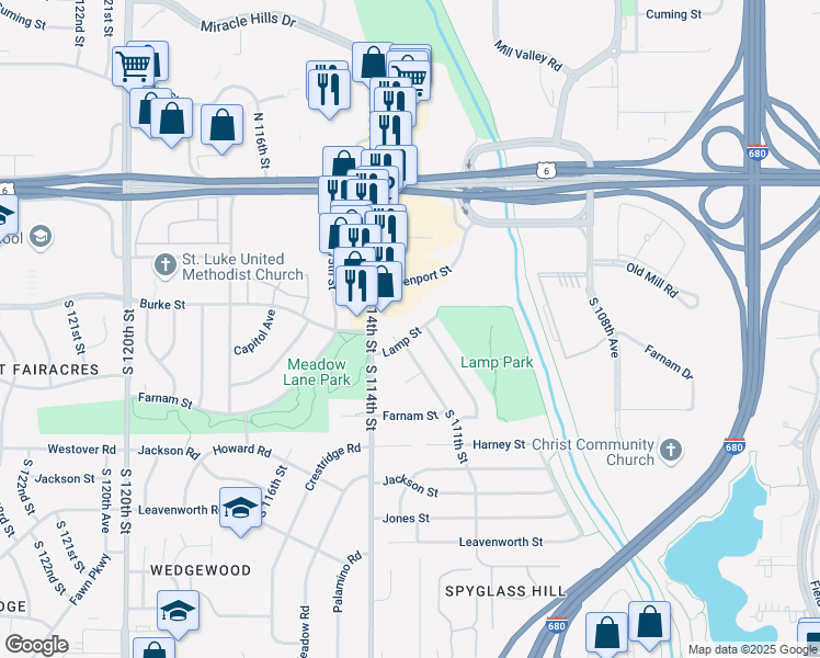 map of restaurants, bars, coffee shops, grocery stores, and more near 11014 Lamp Street in Omaha