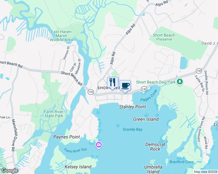 map of restaurants, bars, coffee shops, grocery stores, and more near 5 Court Street in Branford