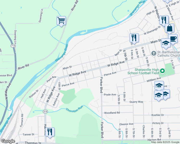 map of restaurants, bars, coffee shops, grocery stores, and more near 1107 W Ridge Ave in Sharpsville