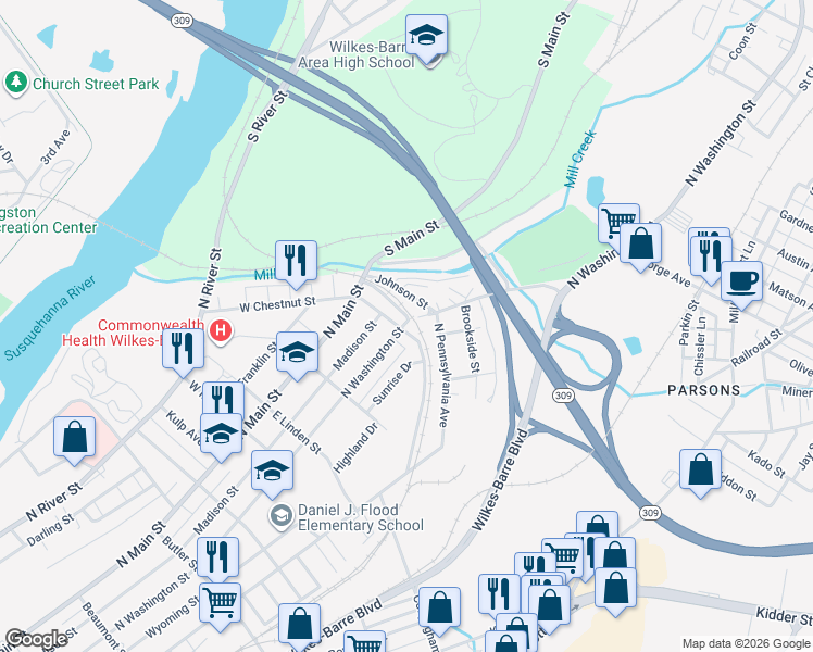 map of restaurants, bars, coffee shops, grocery stores, and more near 777 North Washington Street in Wilkes-Barre