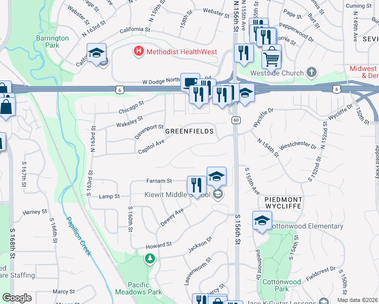 map of restaurants, bars, coffee shops, grocery stores, and more near 15907 Nottingham Drive in Omaha