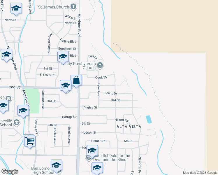 map of restaurants, bars, coffee shops, grocery stores, and more near 1351 Sheridan Drive in Ogden