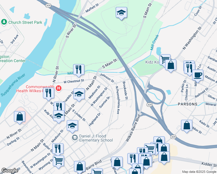 map of restaurants, bars, coffee shops, grocery stores, and more near 777 North Washington Street in Wilkes-Barre