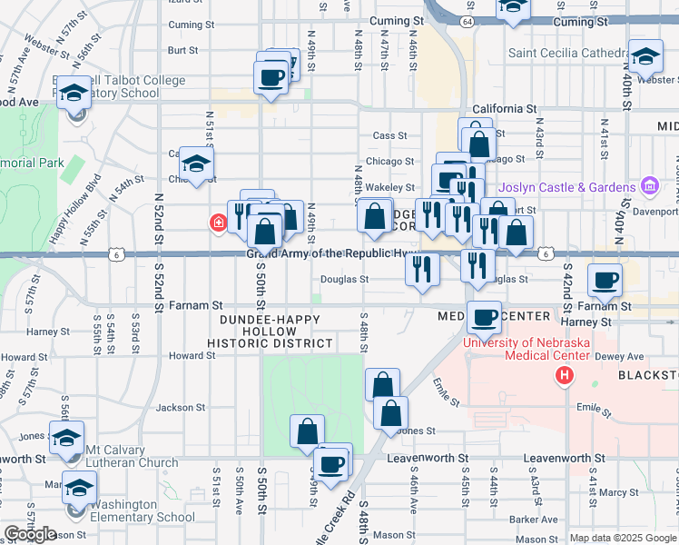 map of restaurants, bars, coffee shops, grocery stores, and more near 136 Dundee Ridge Ct. in Omaha