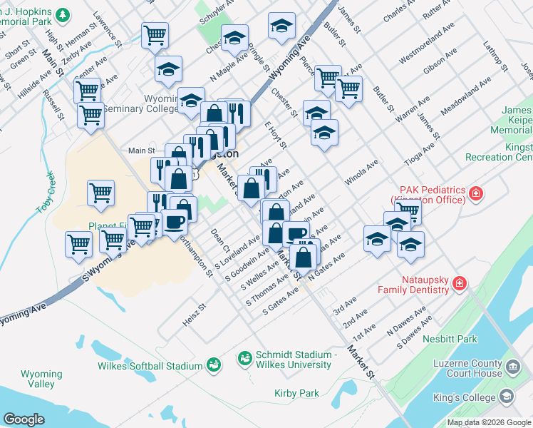map of restaurants, bars, coffee shops, grocery stores, and more near 33 North Atherton Avenue in Kingston