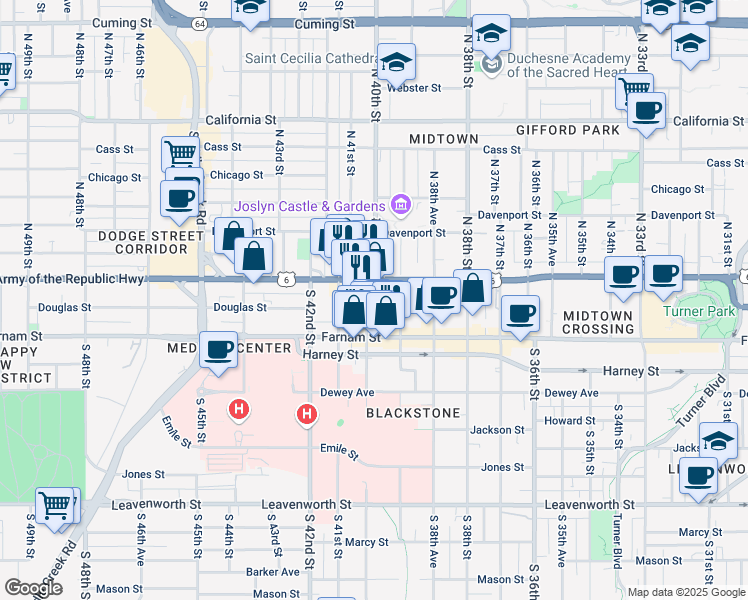 map of restaurants, bars, coffee shops, grocery stores, and more near 119 South 40th Street in Omaha