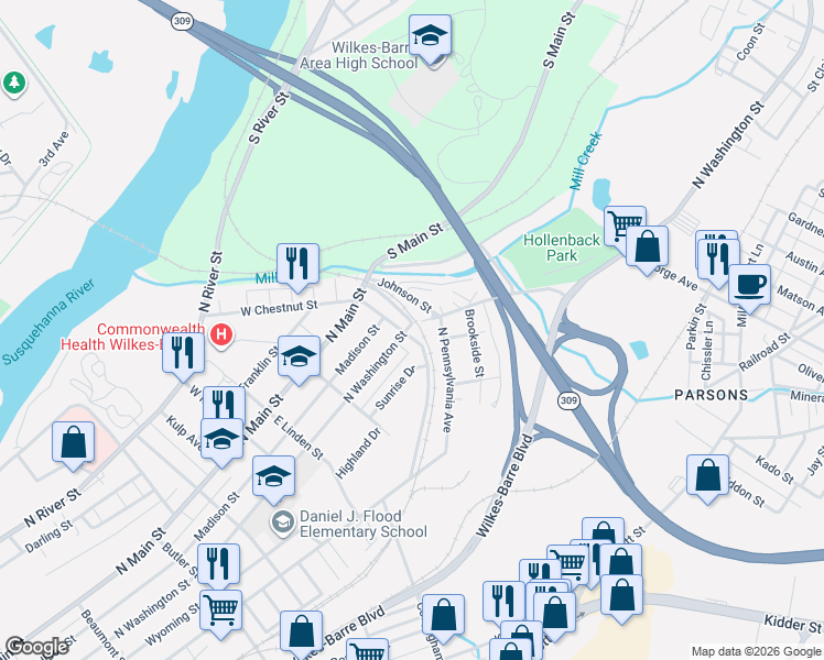 map of restaurants, bars, coffee shops, grocery stores, and more near 777 North Washington Street in Wilkes-Barre