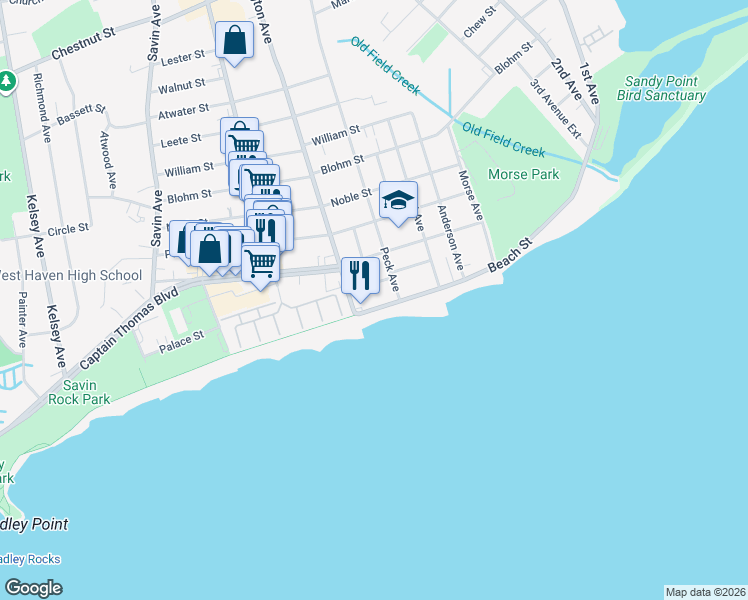 map of restaurants, bars, coffee shops, grocery stores, and more near 351 Beach Street in West Haven