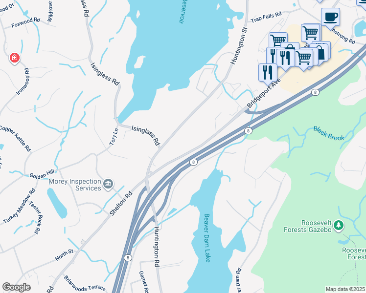 map of restaurants, bars, coffee shops, grocery stores, and more near 1001 Bridgeport Avenue in Shelton