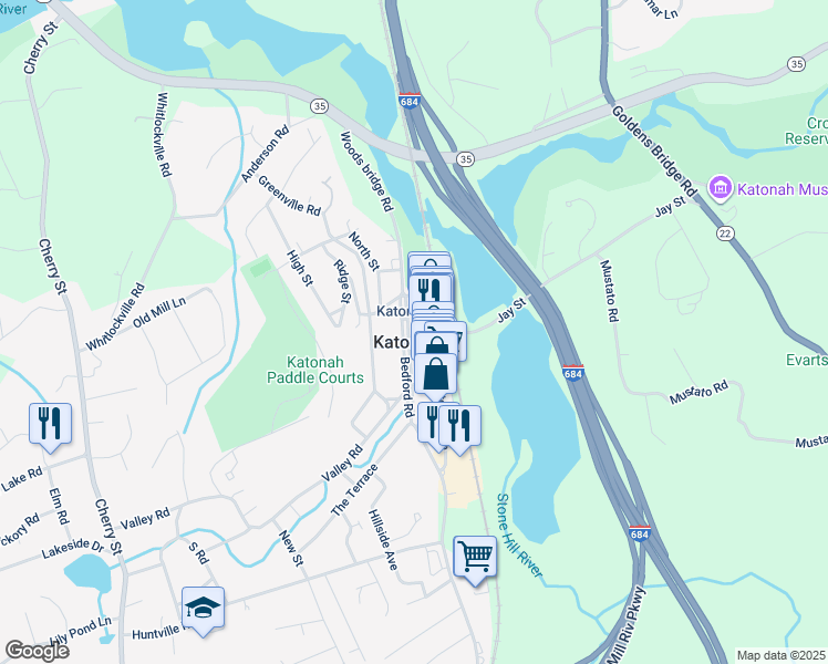 map of restaurants, bars, coffee shops, grocery stores, and more near 95 Katonah Avenue in Katonah