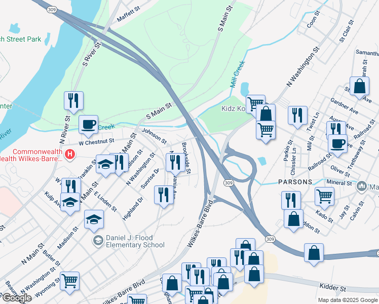 map of restaurants, bars, coffee shops, grocery stores, and more near b26 Lock Street in Wilkes-Barre