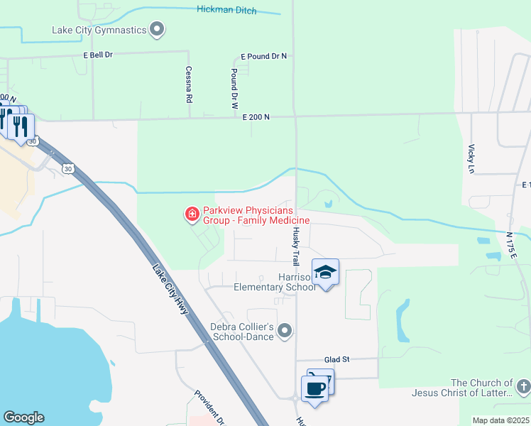 map of restaurants, bars, coffee shops, grocery stores, and more near 213 Canterbury Lane in Warsaw