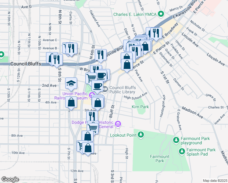 map of restaurants, bars, coffee shops, grocery stores, and more near 102 Bluff Street in Council Bluffs