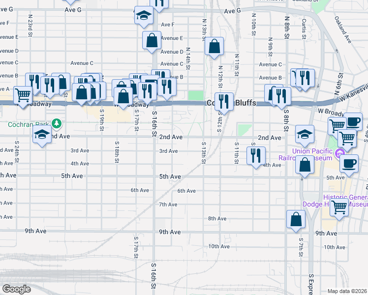 map of restaurants, bars, coffee shops, grocery stores, and more near 1408 3rd Avenue in Council Bluffs