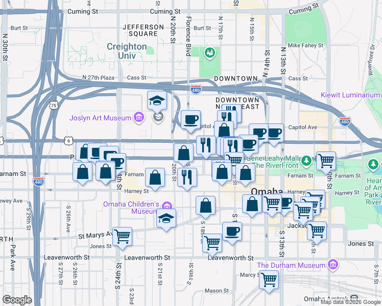 map of restaurants, bars, coffee shops, grocery stores, and more near 16215 Highway 50 in Omaha