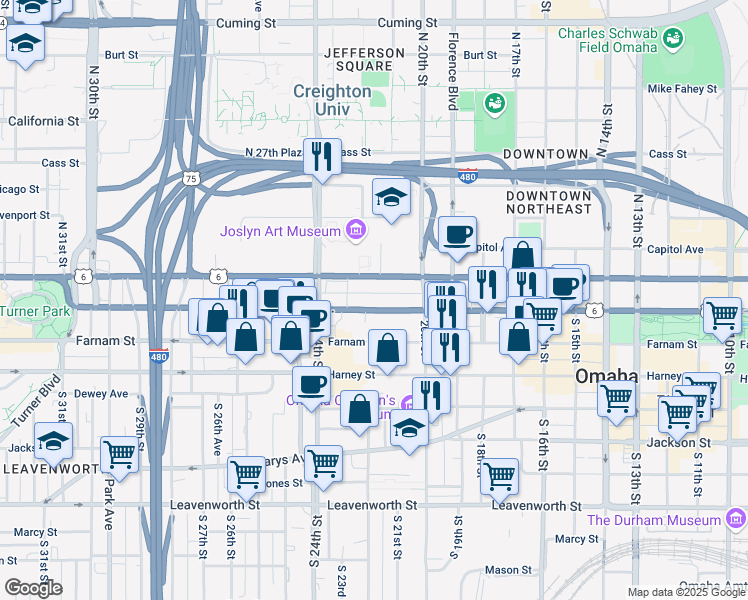 map of restaurants, bars, coffee shops, grocery stores, and more near 2202 Douglas Street in Omaha