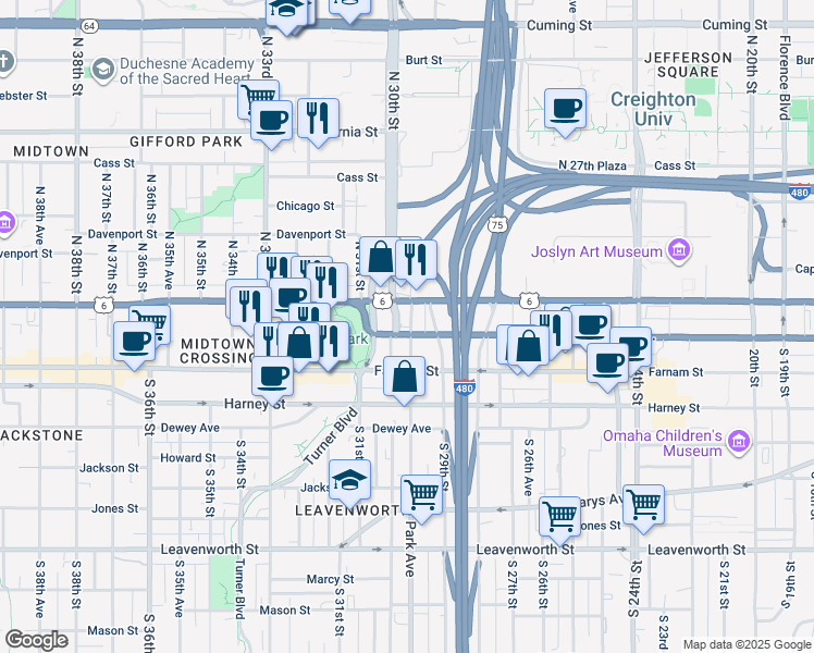 map of restaurants, bars, coffee shops, grocery stores, and more near 3001 Dodge Street in Omaha