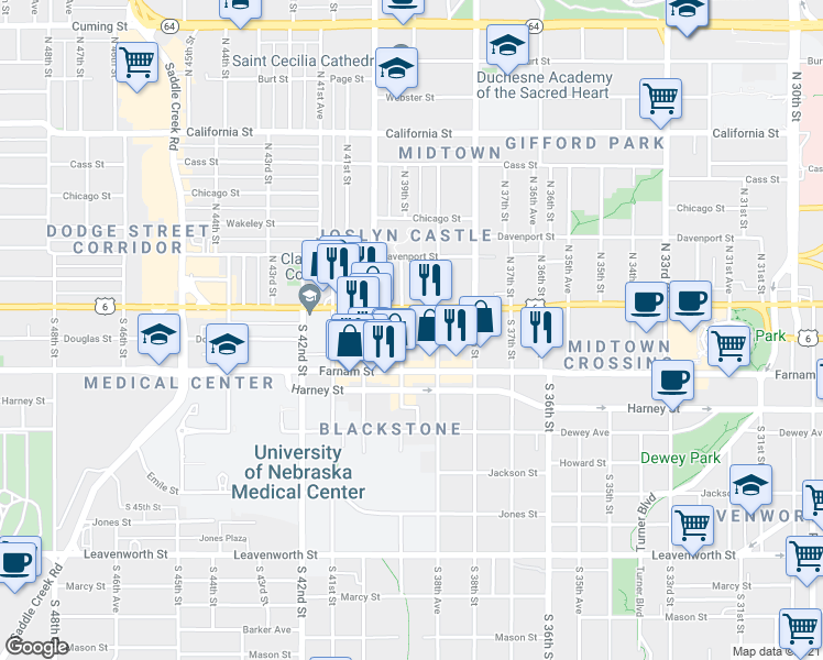 map of restaurants, bars, coffee shops, grocery stores, and more near 117 South 39th Street in Omaha