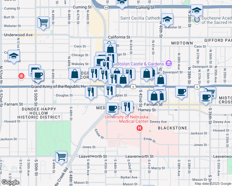 map of restaurants, bars, coffee shops, grocery stores, and more near 116 South 44th Street in Omaha