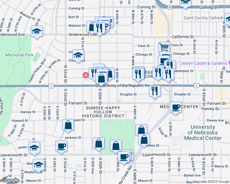 map of restaurants, bars, coffee shops, grocery stores, and more near in Omaha