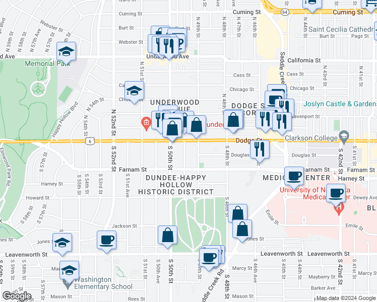 map of restaurants, bars, coffee shops, grocery stores, and more near in Omaha