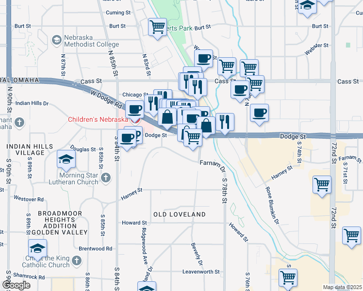 map of restaurants, bars, coffee shops, grocery stores, and more near 7837 Dodge Street in Omaha