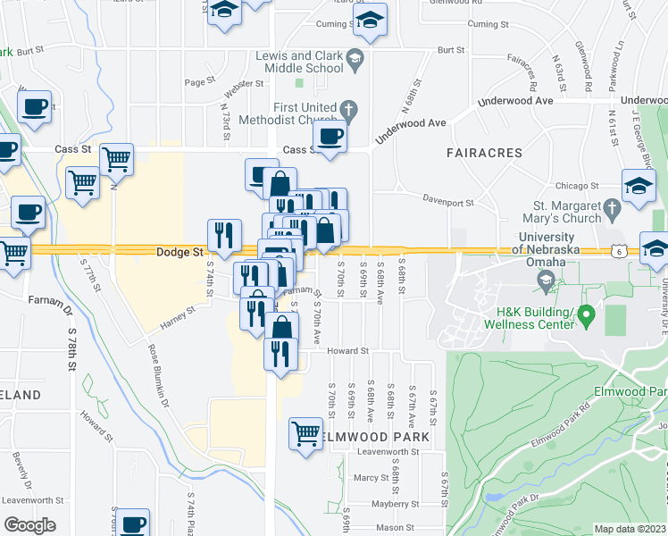 map of restaurants, bars, coffee shops, grocery stores, and more near 108 South 70th Street in Omaha