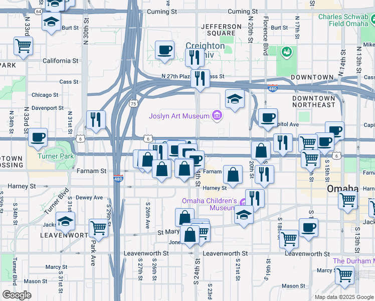 map of restaurants, bars, coffee shops, grocery stores, and more near 124 South 24th Street in Omaha