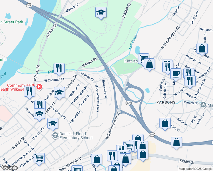 map of restaurants, bars, coffee shops, grocery stores, and more near b26 Lock Street in Wilkes-Barre