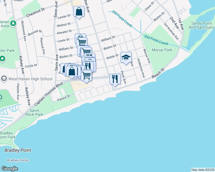 map of restaurants, bars, coffee shops, grocery stores, and more near 212 West Walk in West Haven