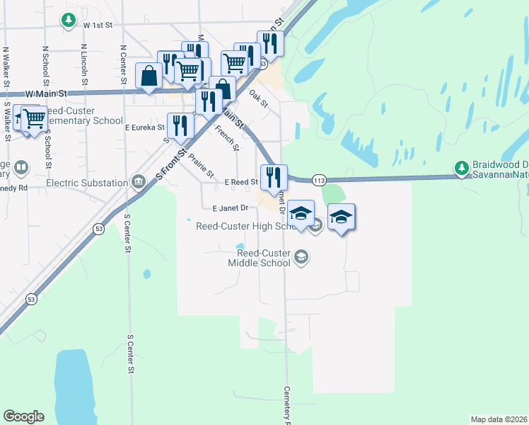 map of restaurants, bars, coffee shops, grocery stores, and more near 305 Carol Lane in Braidwood