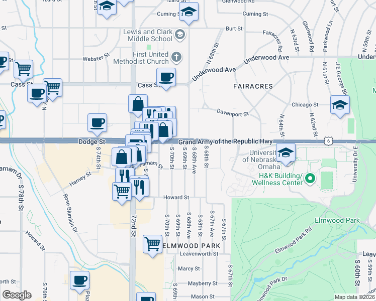 map of restaurants, bars, coffee shops, grocery stores, and more near 118 South 69th Street in Omaha