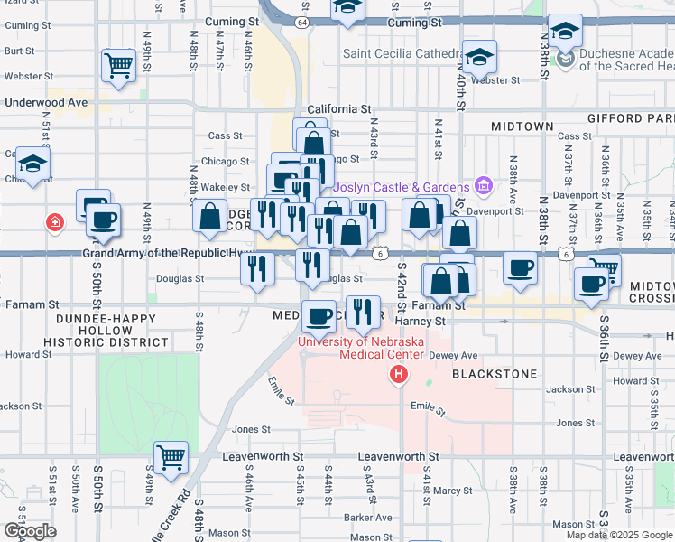 map of restaurants, bars, coffee shops, grocery stores, and more near 116 South 44th Street in Omaha
