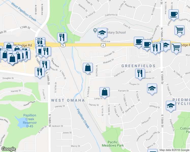 map of restaurants, bars, coffee shops, grocery stores, and more near 204 North 162nd Street in Omaha