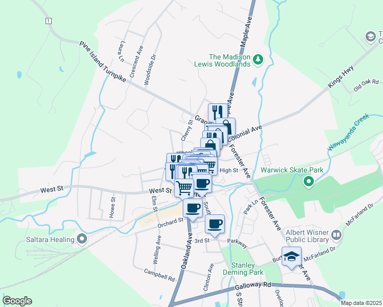 map of restaurants, bars, coffee shops, grocery stores, and more near 21 Wheeler Avenue in Warwick