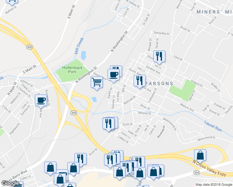 map of restaurants, bars, coffee shops, grocery stores, and more near 26 Gore Street in Wilkes-Barre