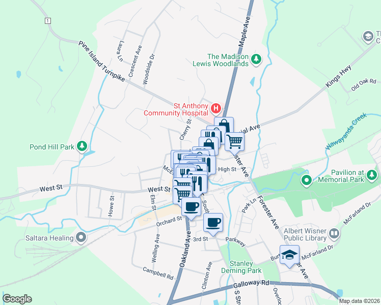 map of restaurants, bars, coffee shops, grocery stores, and more near 19 Wheeler Avenue in Warwick