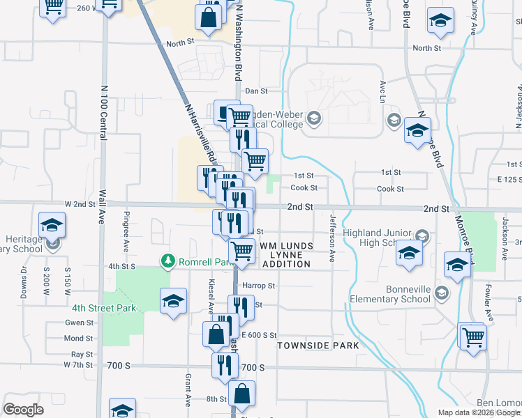 map of restaurants, bars, coffee shops, grocery stores, and more near in Ogden