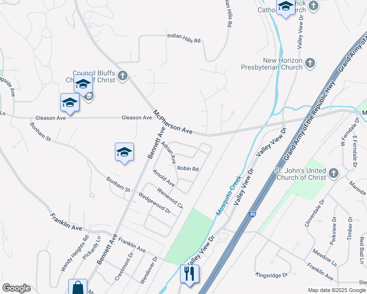 map of restaurants, bars, coffee shops, grocery stores, and more near 14 Arnold Avenue in Council Bluffs