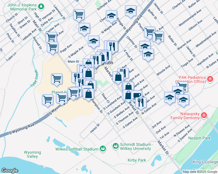 map of restaurants, bars, coffee shops, grocery stores, and more near 24 South Landon Avenue in Kingston
